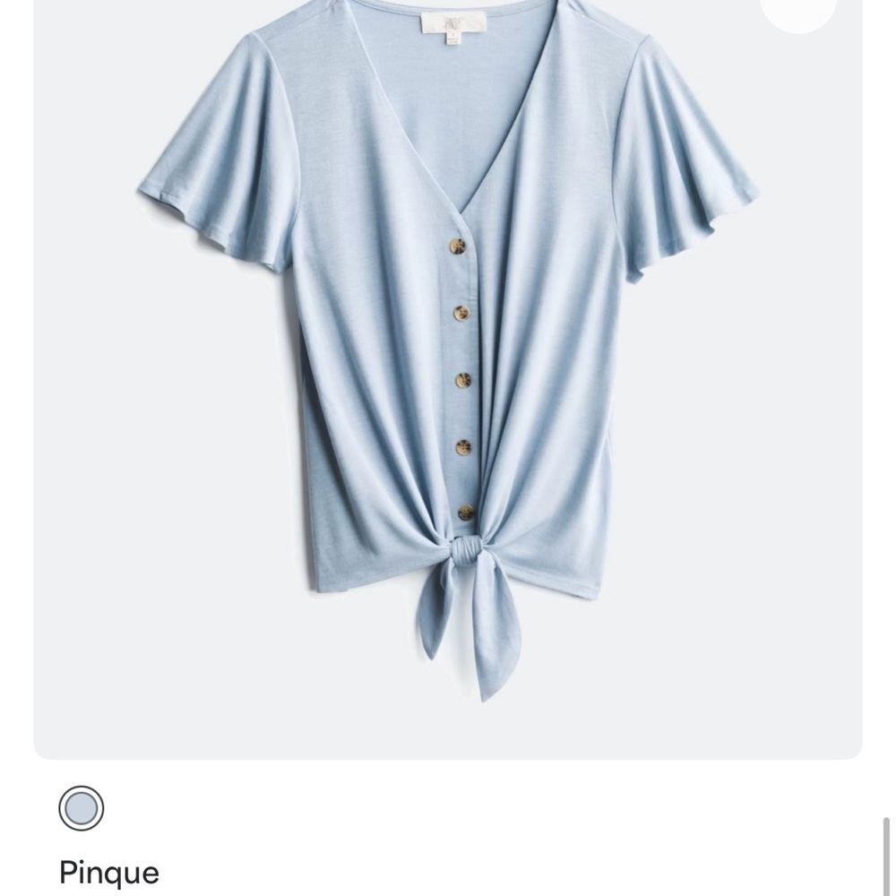 Pinque Light Blue Tie-Front Button V-Neck Blouse